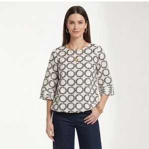 New Chicos Top Large White Black Geo Print Bubble Hem Boatneck Bell Sleeves